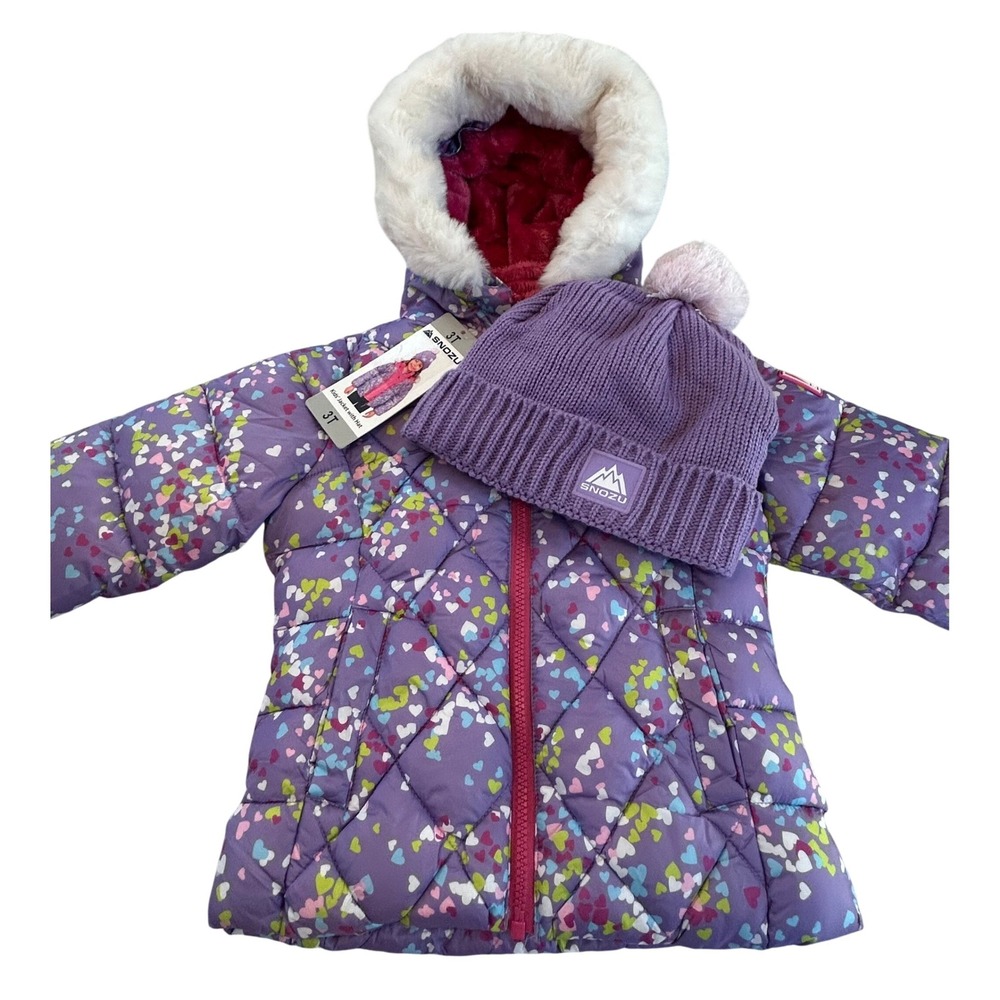 NWT Snozu Girls 3T Purple Puffer Fleece Lined Jacket/Coat Hood‎ Matching Hat Set